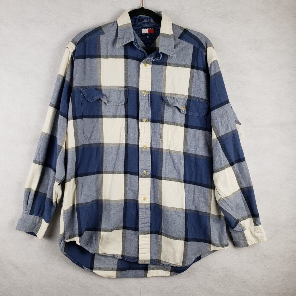 Tommy Hilfiger Men's M Long Sleeve Flannel Button Up Big Check‎ Blue Plaid Fall